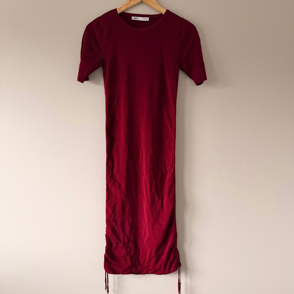 ZARA Ribbed Ruched Side Midi Dress Burgundy Short Sleeve Women Size L